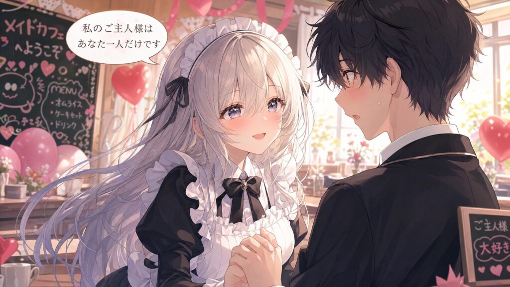 メイド服姿の銀髪少女が頬を赤らめながら男子生徒の手を握り、「私のご主人様はあなた一人だけです」と話しかけているメイドカフェ風のアニメイラスト。
