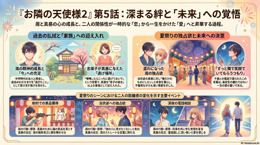 夏祭りや日常の出来事を通して関係が深まる男女のエピソードをまとめたアニメ風インフォグラフィック
