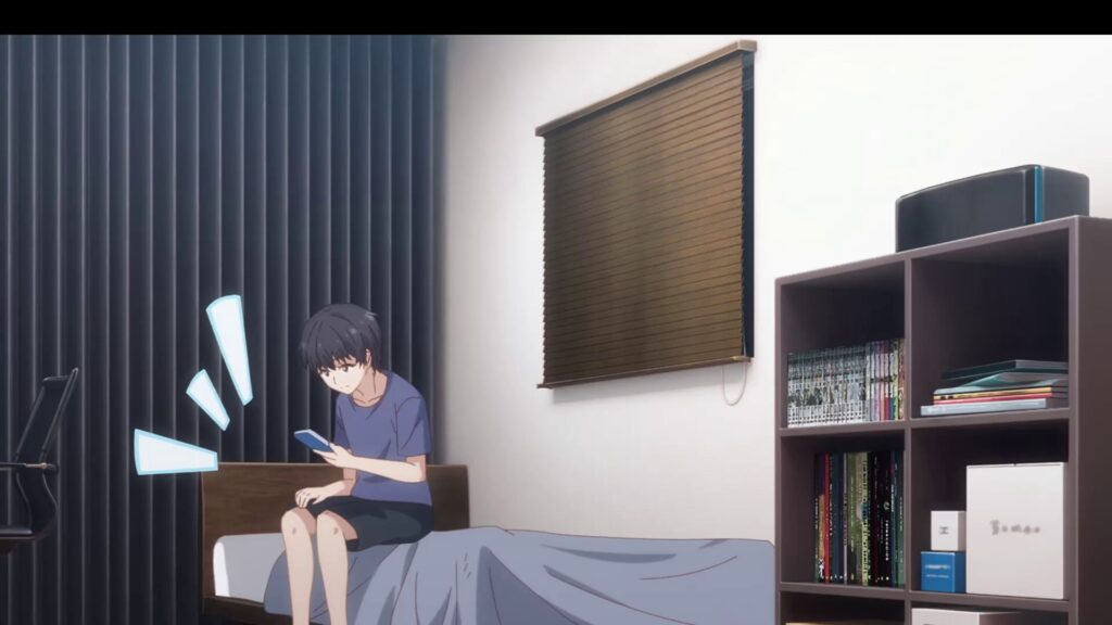 ベッドに座りスマートフォンを見て驚く少年のアニメ風イラスト、暗い部屋の中で通知に反応している様子