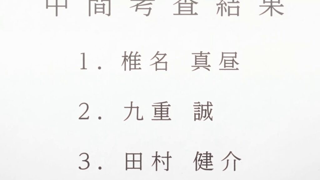 中間考査結果のランキング一覧。1位 椎名真昼、2位 九重誠、3位 田村健介と表示されている。