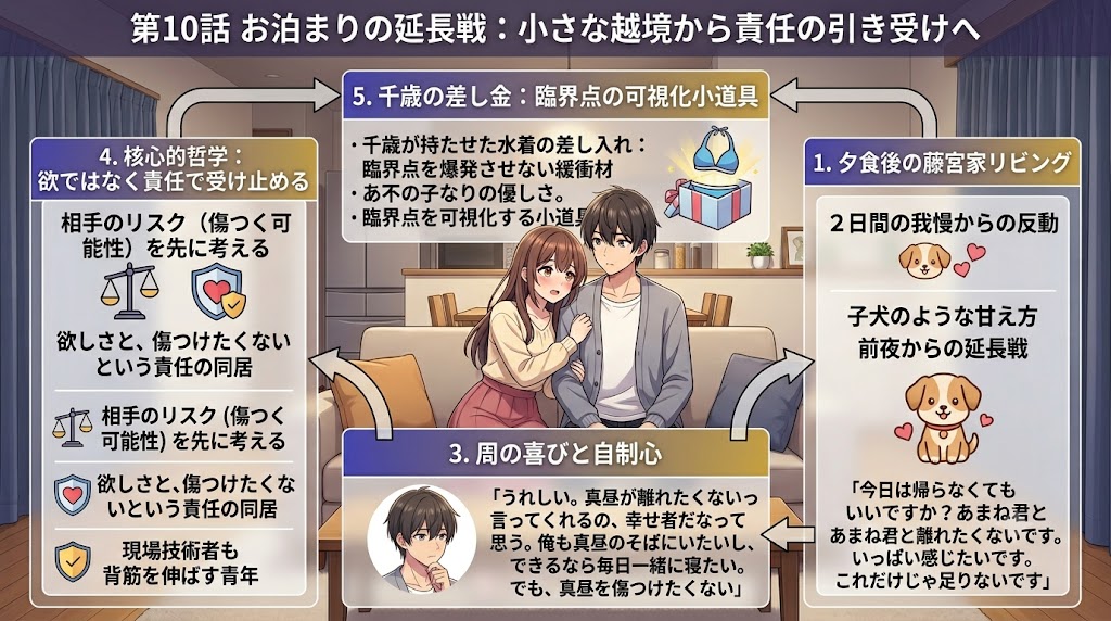 ソファに寄り添って座る若いカップルを中心に、愛情表現や責任感、境界線の可視化について解説した日本語インフォグラフィック。