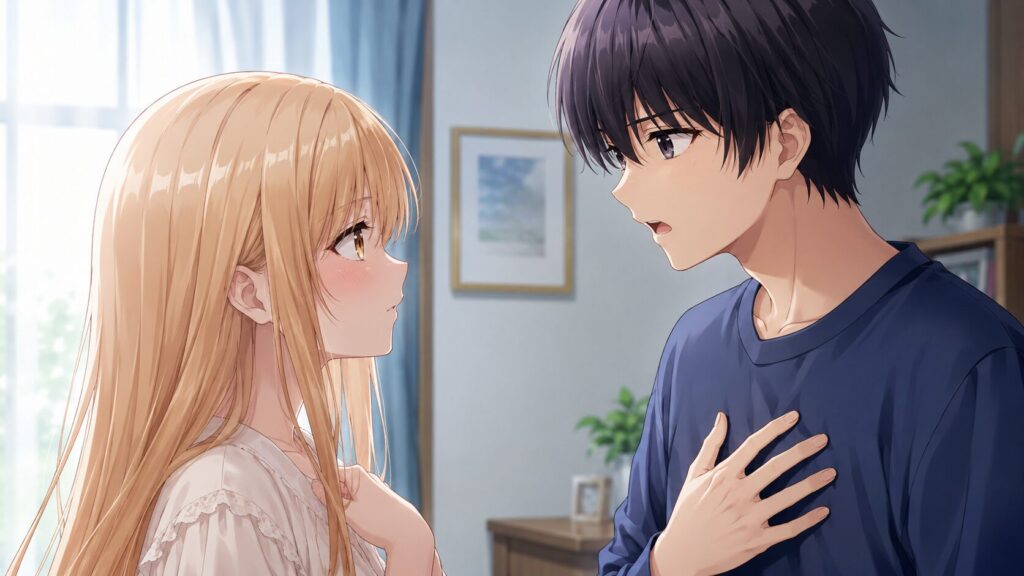 室内で向かい合う金髪の少女と黒髪の少年。少女は頬を赤らめながら見上げ、少年は胸に手を当てて驚いた表情を浮かべている。柔らかな昼光が差し込むアニメ風イラスト。