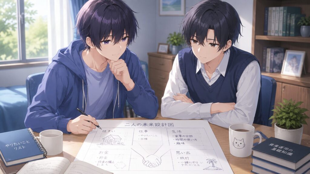 明るい部屋のテーブルで、二人の若者が「二人の未来設計図」を見ながら将来の住まい、仕事、生活について話し合っているイラスト。
