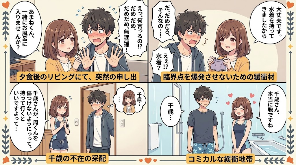 夕食後のリビングで女性からの泊まりの申し出に慌てる男性と、その後のやり取りを4コマ形式で描いたコミカルなインフォグラフィック。緊張や配慮、微妙な距離感が表現されている。