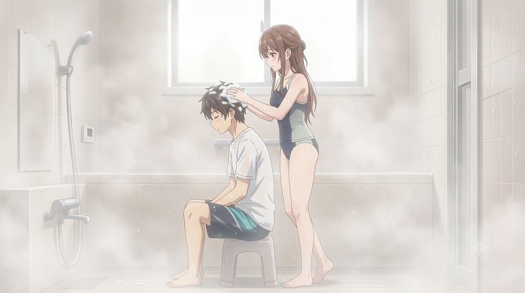 湯気が立ち込める浴室で、水着姿の女性が椅子に座る男性の髪を洗っているアニメ風イラスト。明るい窓から柔らかな光が差し込み、穏やかな雰囲気が広がっている。
