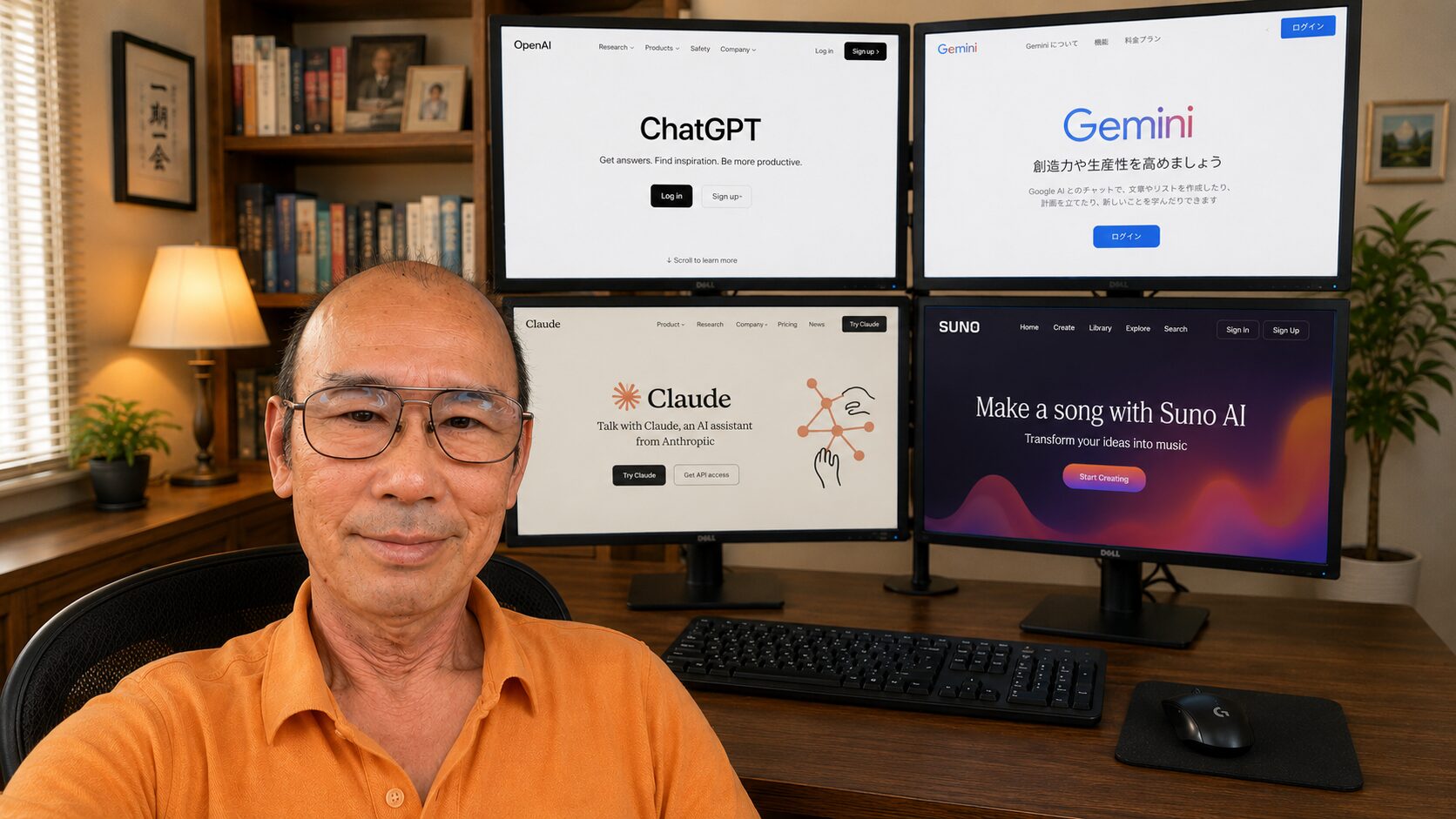 ホームオフィスで4台のモニターにChatGPT、Gemini、Claude、Sunoの画面を表示しながら作業する男性