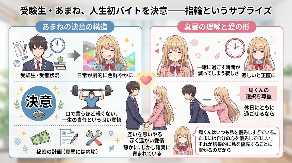 受験生のあまねが人生初のアルバイトを決意した理由と、真昼との関係性の変化を図解したインフォグラフィック。決意、責任、愛情、将来への想いをイラストと解説で表現している。