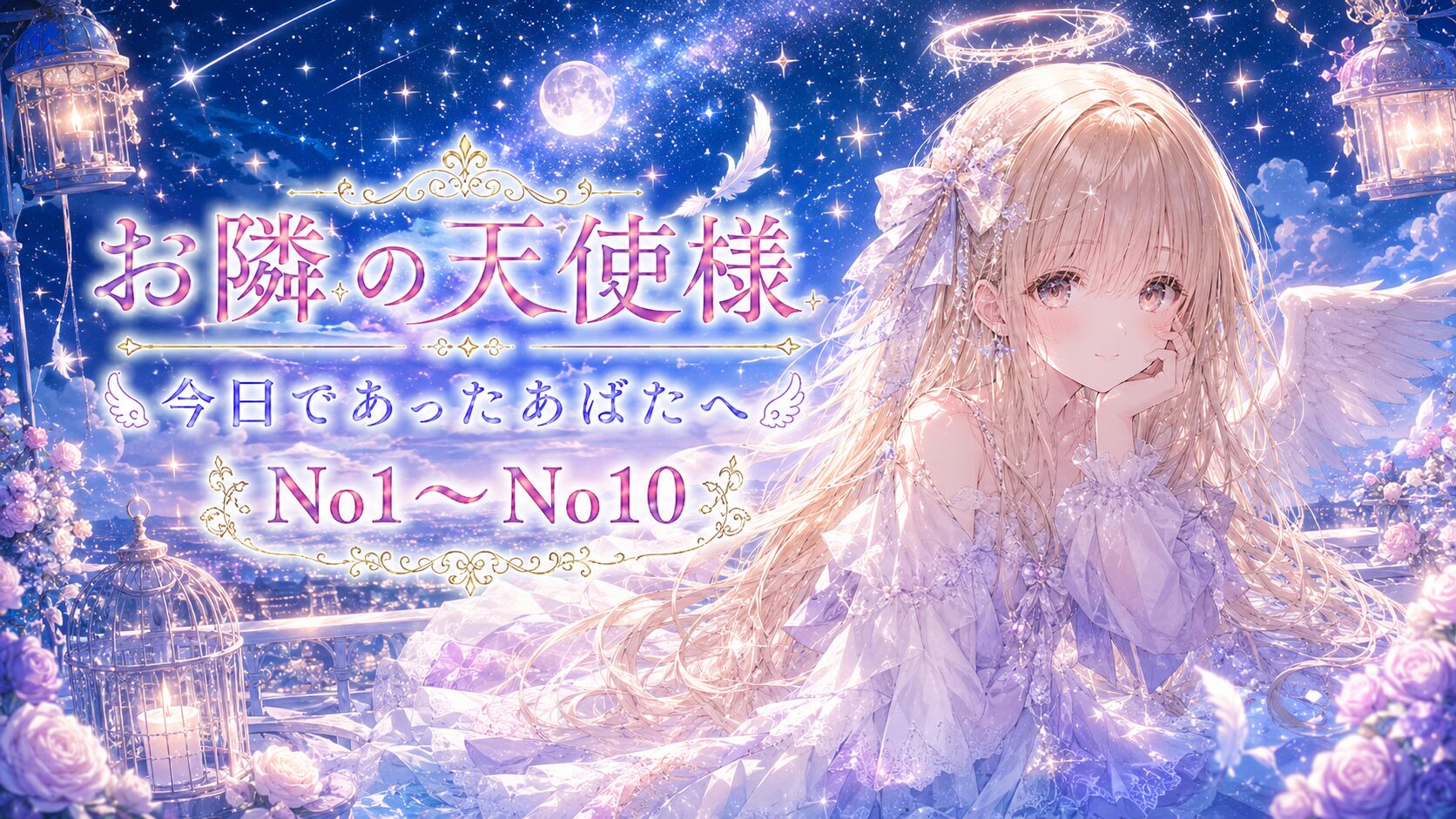 満天の星空と月が輝く幻想的な夜空を背景に、白い翼を持つ天使の少女が微笑むファンタジーイラスト