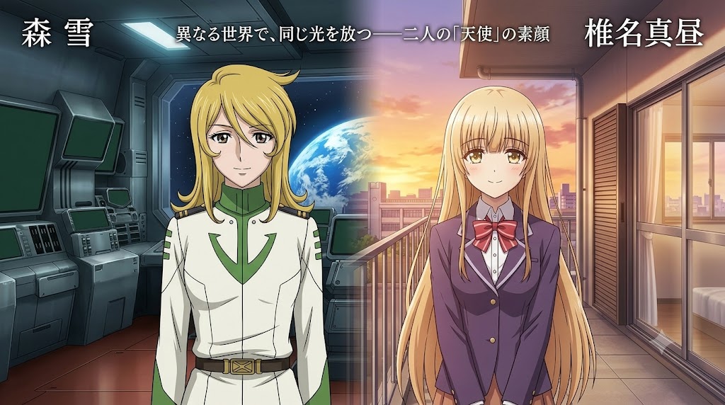 宇宙戦艦の艦内に立つ金髪の女性と、夕暮れのマンションのベランダに立つ金髪の女子高生を左右に並べた比較イメージ。
