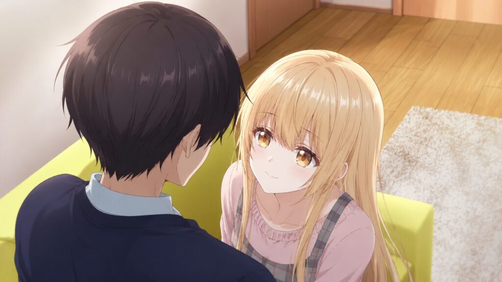 リビングのソファで向かい合う少年と少女を描いたアニメ風イラスト。少女が優しい眼差しで少年を見上げており、二人の信頼関係や特別な絆が感じられる温かな場面。