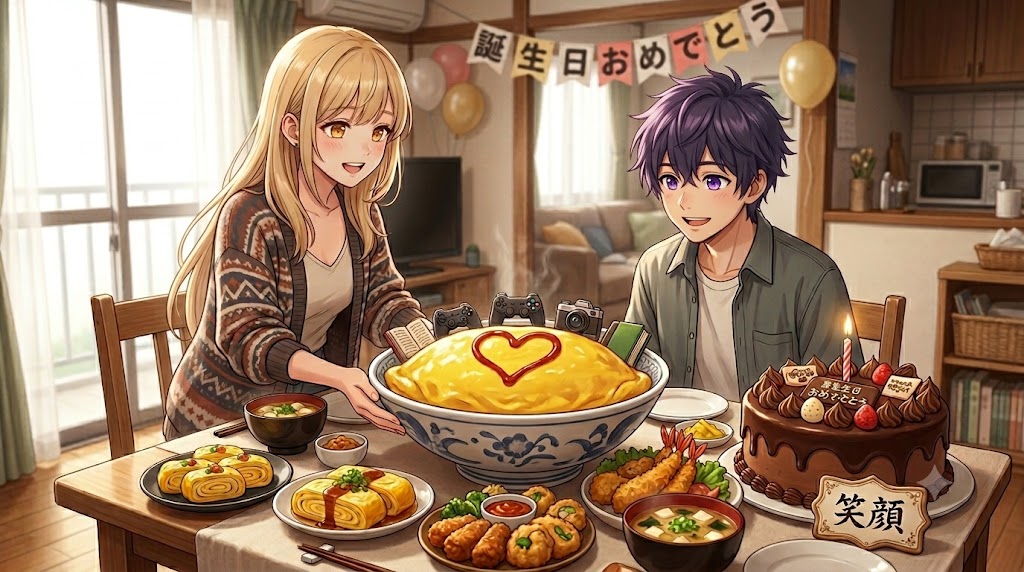 誕生日の飾り付けがされた部屋で、手作り料理やケーキが並ぶ食卓を囲みながら笑顔を交わす若い男女のアニメ風イラスト。