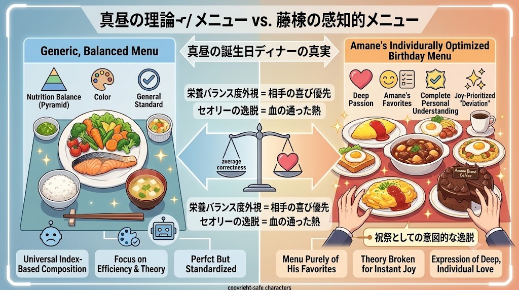 理論的な栄養バランスメニューと、相手の好みを最優先した誕生日ディナーを比較し、愛情表現の違いを解説したインフォグラフィック。