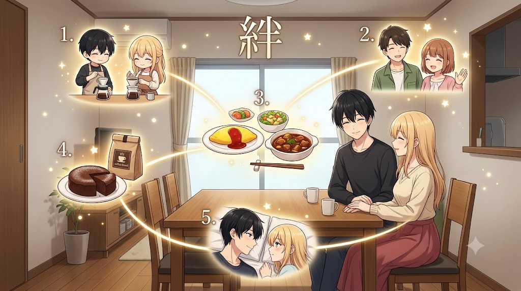 食事やコーヒー作り、友人との交流、手作りケーキなどを通じて育まれた二人の絆をまとめたアニメ風インフォグラフィック。