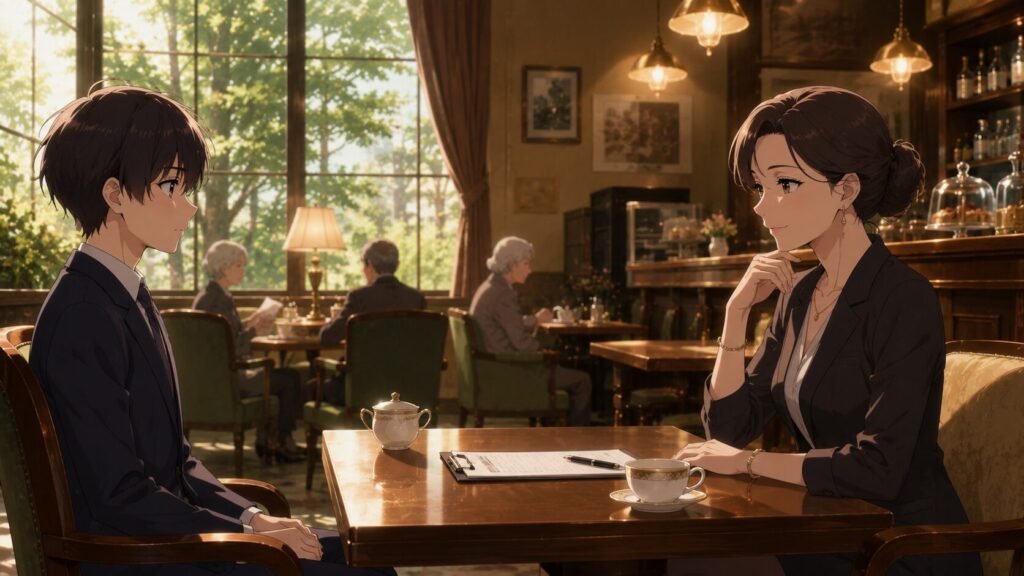 落ち着いた喫茶店で向かい合って座る男子学生と女性オーナーを描いたアニメ風イラスト。テーブルには履歴書とコーヒーカップが置かれ、アルバイト面接の様子が表現されている。