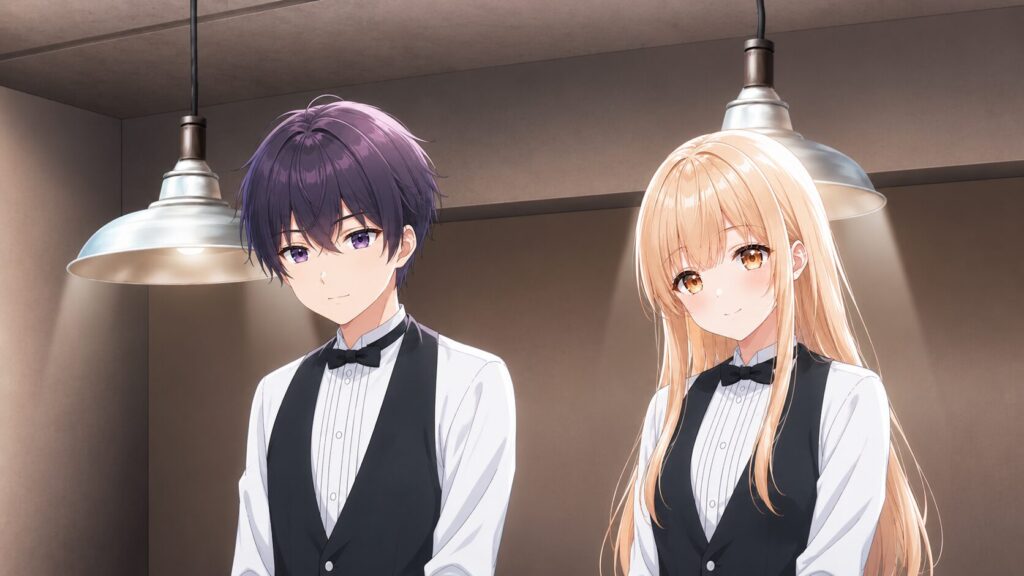カフェスタッフの制服を着た若い男女が並んで立ち、穏やかな表情を見せているアニメ風イラスト。温かな照明が落ち着いた雰囲気を演出している。