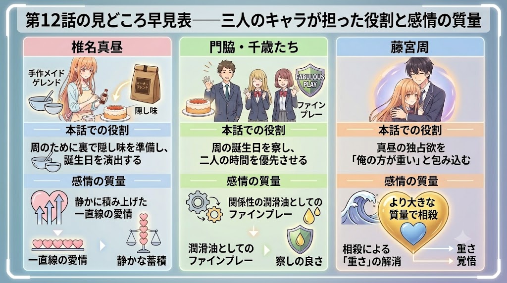 第12話における主要キャラクターの役割と感情の質量を比較したインフォグラフィック。椎名真昼、門脇・千歳たち、藤宮周の貢献と愛情表現を整理している。