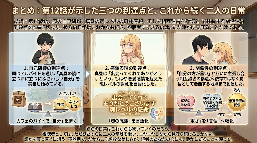 第12話の総まとめとして、自己研鑽、感謝の言葉、相互承認による覚悟という三つの到達点を解説したインフォグラフィック。