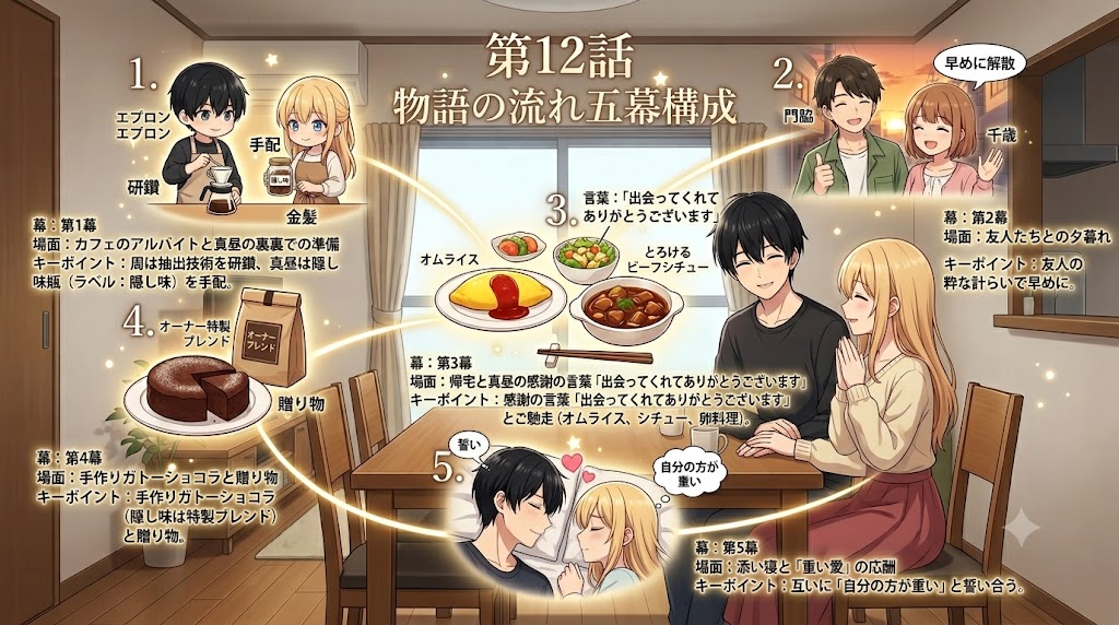 第12話の物語構成を5幕構成で解説したインフォグラフィック。コーヒー作り、友人たちとの交流、誕生日ディナー、手作りケーキ、告白と相互承認までの流れを整理している。