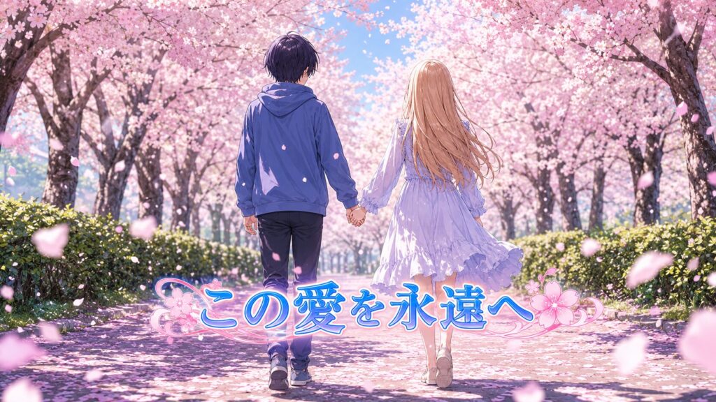 満開の桜並木の下で手をつなぎながら歩く若い男女の後ろ姿を描いたアニメ風イラスト。「この愛を永遠へ」というメッセージが添えられている。
