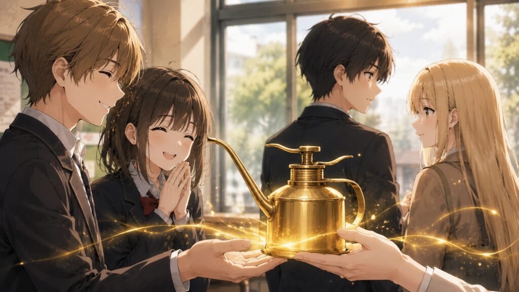 教室でコーヒーポットを手渡す場面を中心に、笑顔の友人たちと見つめ合う男女が描かれたアニメ風イラスト。仲間たちの支えと人とのつながりを象徴している。