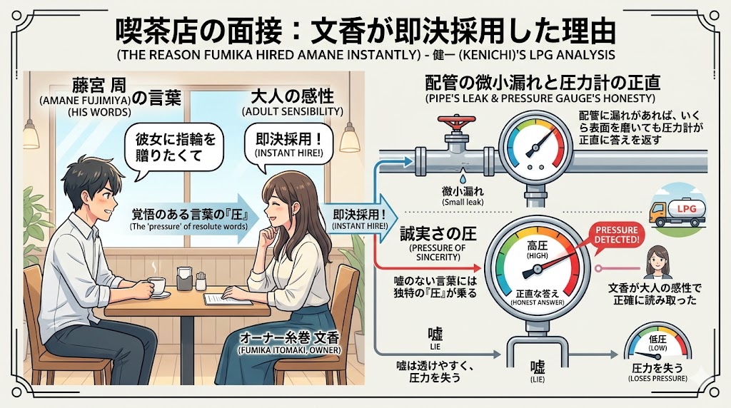 喫茶店での面接シーンとLPG配管の圧力計を組み合わせた解説インフォグラフィック。誠実な言葉には圧力が宿るという比喩を用いて、文香が天音を即決採用した理由を説明している。