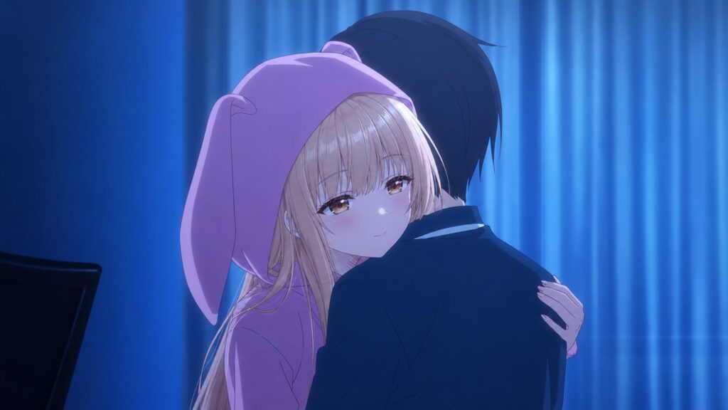 夜の部屋でパジャマ姿の少女が少年を優しく抱きしめながら微笑むアニメシーン。穏やかな信頼と安心感が伝わる場面。
