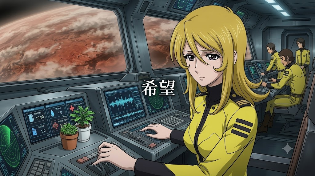 宇宙船のブリッジで女性士官が操縦席に座り、荒廃した惑星を見つめながら任務に従事している。画面中央には「希望」の文字が配置され、人類の未来を支える姿が描かれている。