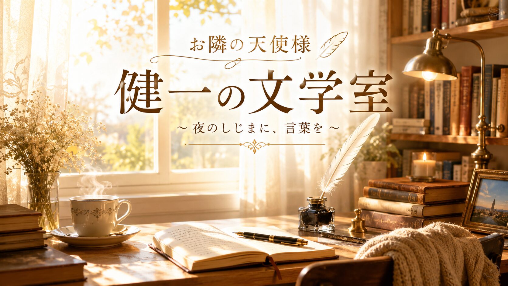 夕暮れの柔らかな光が差し込む書斎で、開かれたノートや万年筆、羽ペン、本棚、湯気の立つコーヒーカップが並ぶ温かな文学空間。