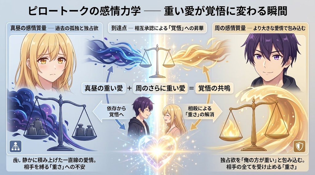 ピロートークにおける感情の変化を解説した図解。真昼と周の愛情の重さを天秤で表現し、相互承認によって覚悟へ昇華する過程を示している。