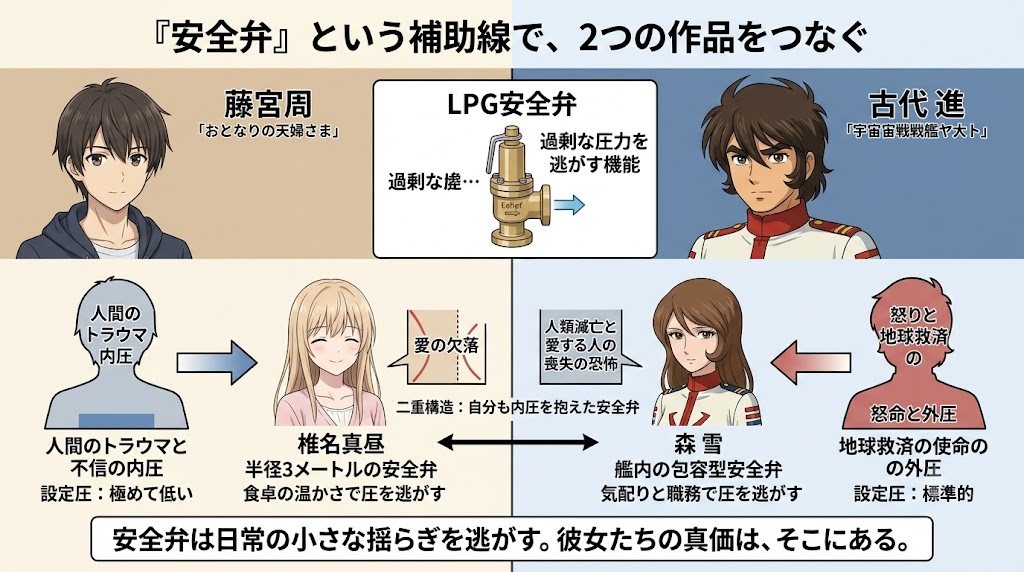 LPG安全弁の仕組みを中心に、「おとなりの天使さま」の椎名真昼と「宇宙戦艦ヤマト」の森雪を比較し、内圧や感情の逃がし方を図解で解説した概念図。