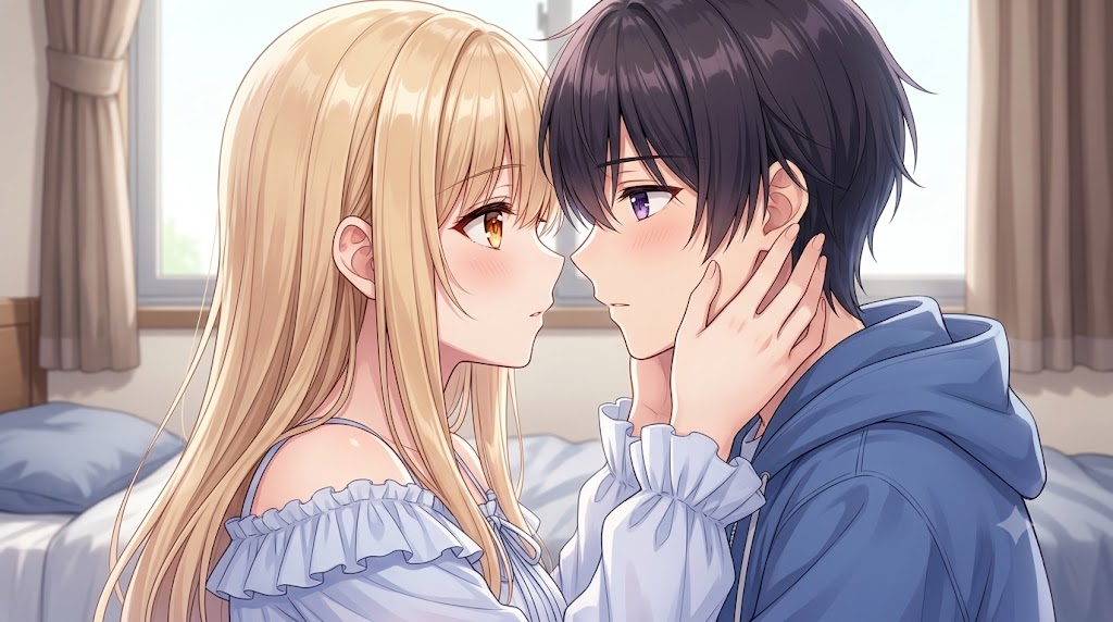 見つめ合いながら顔を寄せる若い男女を描いたアニメ風イラスト。互いの頬を優しく包み込み、深い信頼と愛情が表現されている。