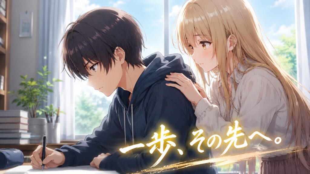 勉強机に向かう少年の肩に、優しく手を添えて励ます少女を描いたアニメ風イラスト。明るい窓辺の室内で、未来への挑戦と支え合いを表現している。