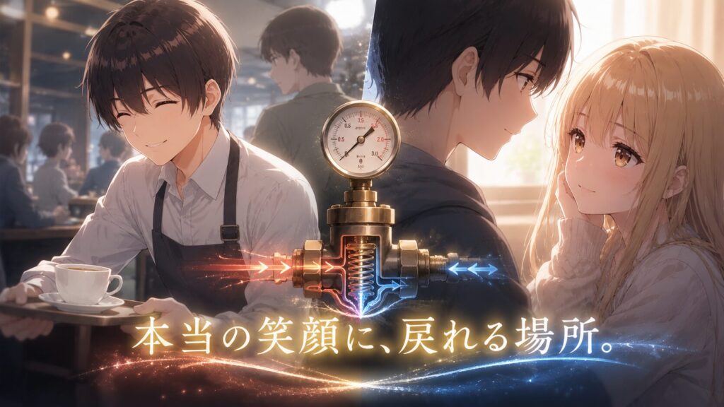 喫茶店で働く笑顔の青年と、彼を優しく見つめる女性を描いたアニメ風イラスト。中央には圧力計とバルブのイメージが配置され、人と人との心のつながりや安心できる居場所を象徴している。