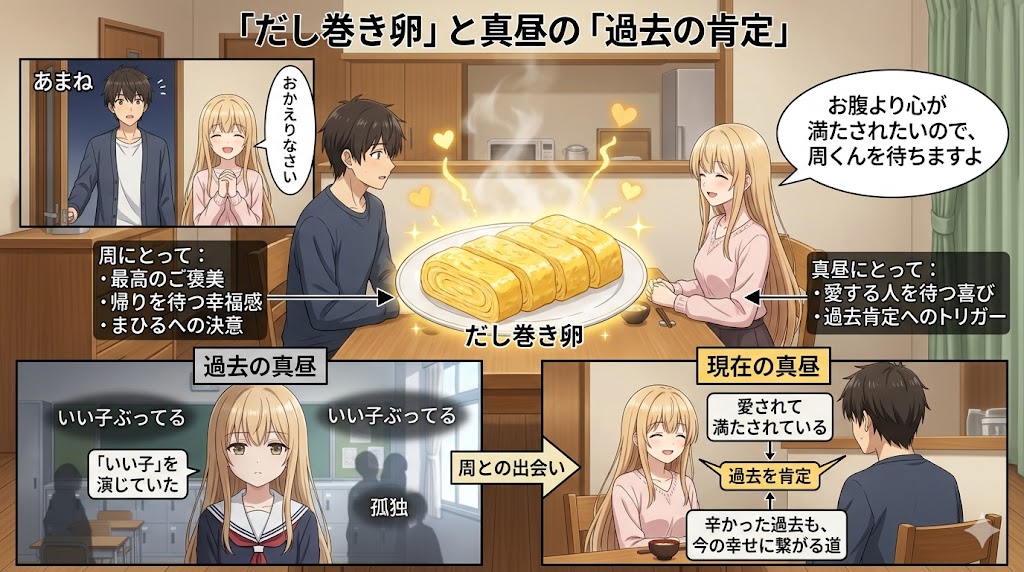 だし巻き卵を囲む周と真昼の食卓と、真昼の過去と現在の心境の変化を対比して描いたインフォグラフィック。愛情ある日常が過去の孤独を癒やしていく様子を表現している。
