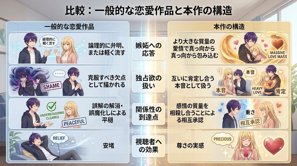 一般的な恋愛作品と本作の恋愛構造を比較したインフォグラフィック。嫉妬への対応や独占欲の扱い、関係性の到達点などの違いを図解している。