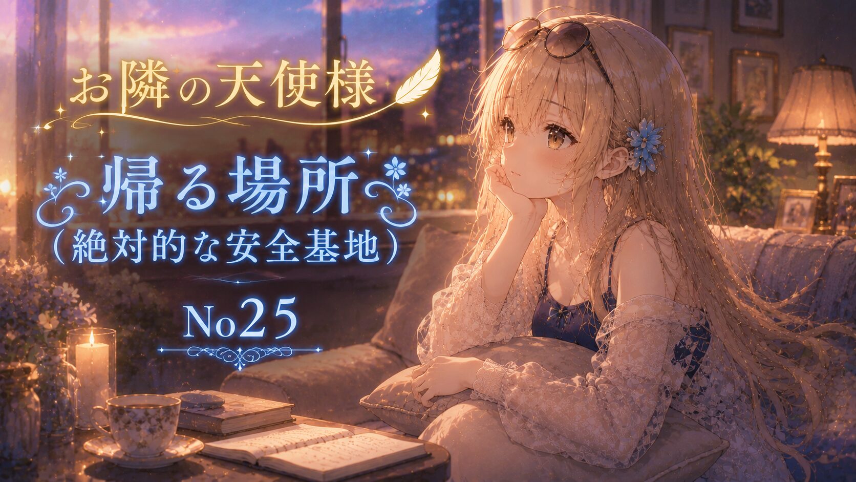 夕暮れから夜へ移り変わる街並みを眺めながら、クッションを抱えて穏やかに過ごす金髪の少女を描いた「お隣の天使様 帰る場所（絶対的な安全基地） No25」のイラスト。
