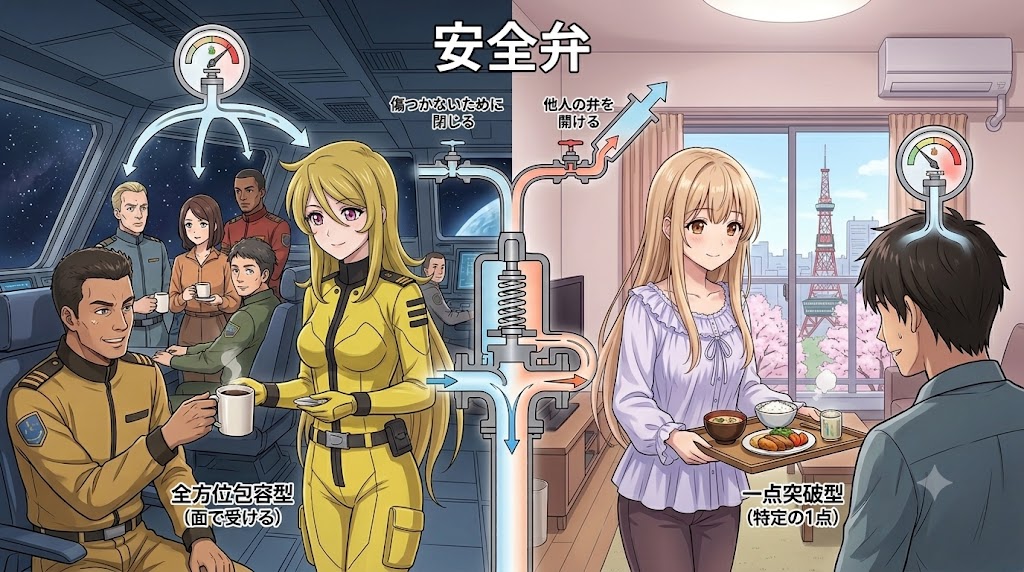 宇宙船内で仲間たちを支える女性と、日常空間で食事を運ぶ少女を対比し、全方位包容型と一点突破型という二つの安全弁モデルを図解した比較イラスト。