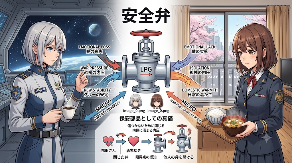 宇宙を背景にした女性士官と日常空間にいる女子学生を対比し、愛の喪失と愛の欠落という異なる内圧を抱えながらも、他者を支える安全弁として機能する構造を解説した考察図。