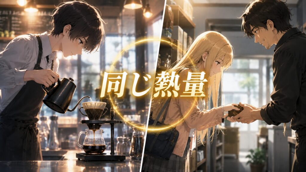 コーヒーを淹れる青年と贈り物を手渡す少女を左右に配置し、「同じ熱量」という文字で二人の想いの強さを表現したアニメ風イラスト。