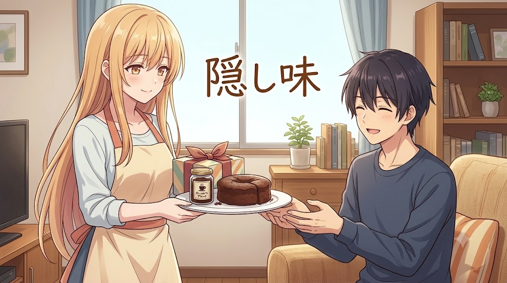 エプロン姿の女性が手作りケーキと隠し味の瓶を男性に差し出しているアニメ風イラスト。温かな家庭的な雰囲気の中で愛情のこもった贈り物を表現している。