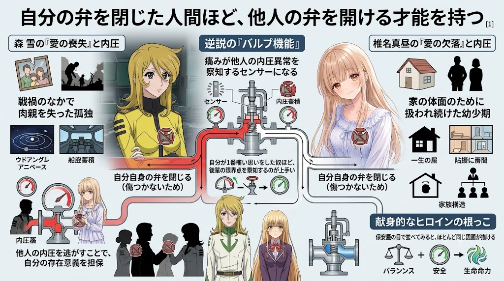 森雪と椎名真昼の内圧構造を比較し、自分の感情を抑える人ほど他人の心の痛みに敏感になるという「バルブ機能」の考察を図解したインフォグラフィック。