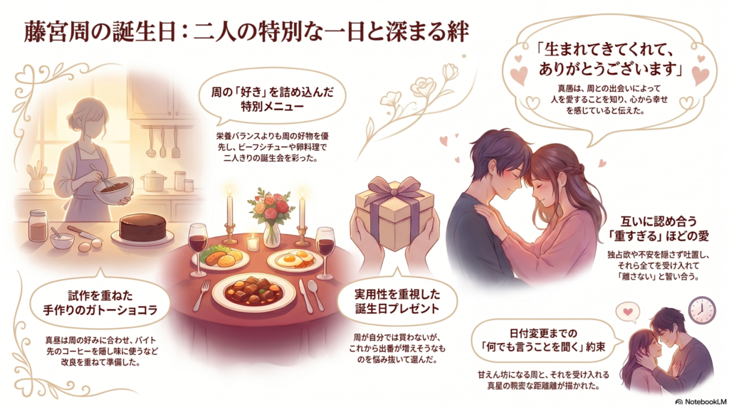 藤宮周の誕生日をテーマにした解説画像。手作りガトーショコラや誕生日ディナー、プレゼント交換、恋人同士の心温まる交流をイラスト付きで紹介している。