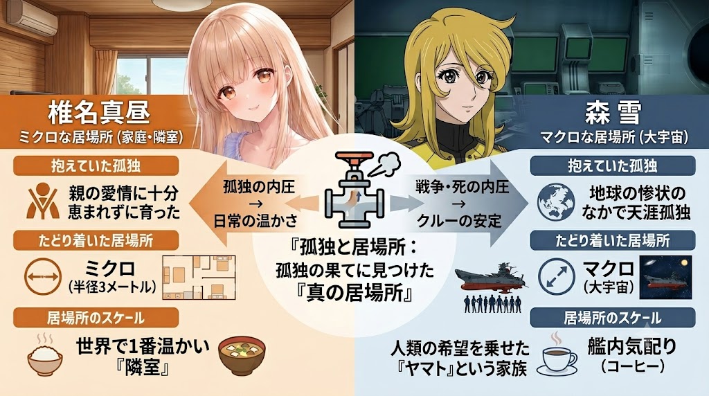 椎名真昼と森雪の孤独と居場所を比較した図解。家庭や隣室というミクロな世界と、宇宙やヤマトというマクロな世界を対比しながら、孤独の果てに見つけた真の居場所を安全弁の概念で説明している。