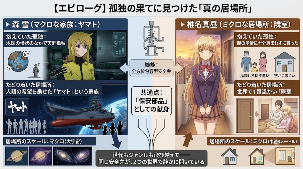 森雪と椎名真昼が孤独の果てに見つけた居場所を比較したエピローグ図。宇宙規模の家族であるヤマトと、隣室という身近な居場所を対比しながら、共通する献身性と安らぎの到達点を表現している。