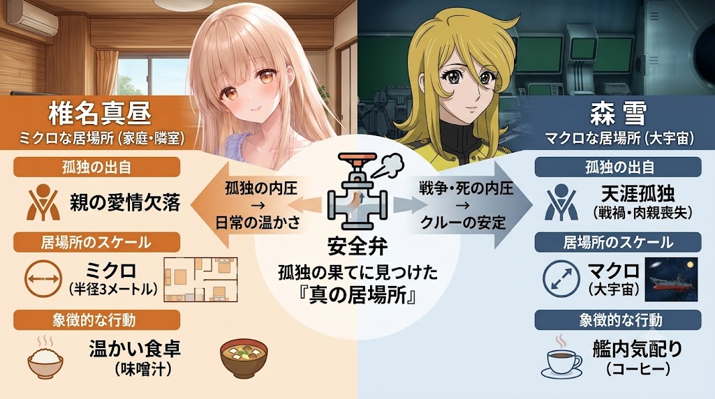 椎名真昼と森雪を対比し、それぞれが抱えた孤独の出自や居場所の違いを安全弁の概念で整理した比較図。ミクロな日常空間とマクロな宇宙空間を通じて、孤独の果てに見つけた真の居場所を描いている。