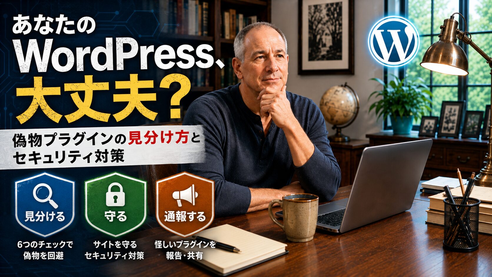 WordPressの偽プラグインを見分ける方法とセキュリティ対策について解説するサムネイル画像。ノートPCの前で考える人物とWordPressロゴ、「見分ける・守る・通報する」の3つのポイントが表示されている。