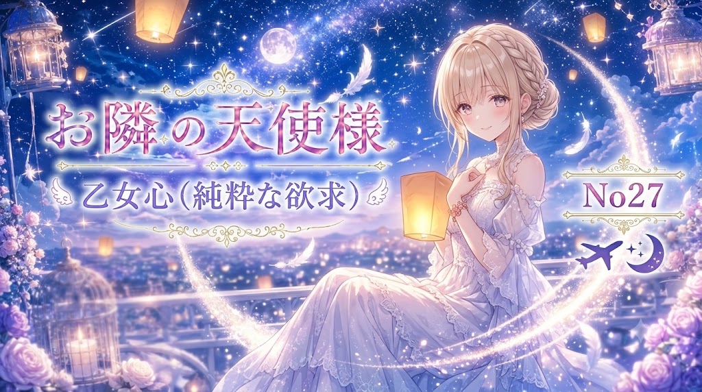 星空とランタンの光に包まれ、白いドレス姿の少女が夜景を背景に座る幻想的なアニメイラスト
