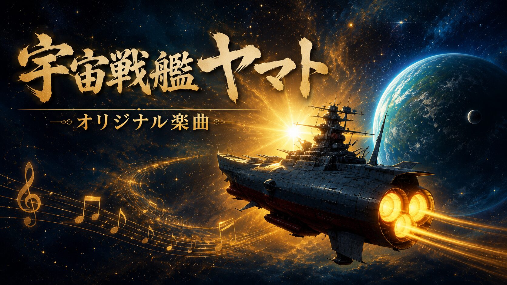 宇宙空間を航行する宇宙戦艦ヤマトを背景に、「宇宙戦艦ヤマト オリジナル楽曲」のタイトルと音符を配置したイメージバナー。