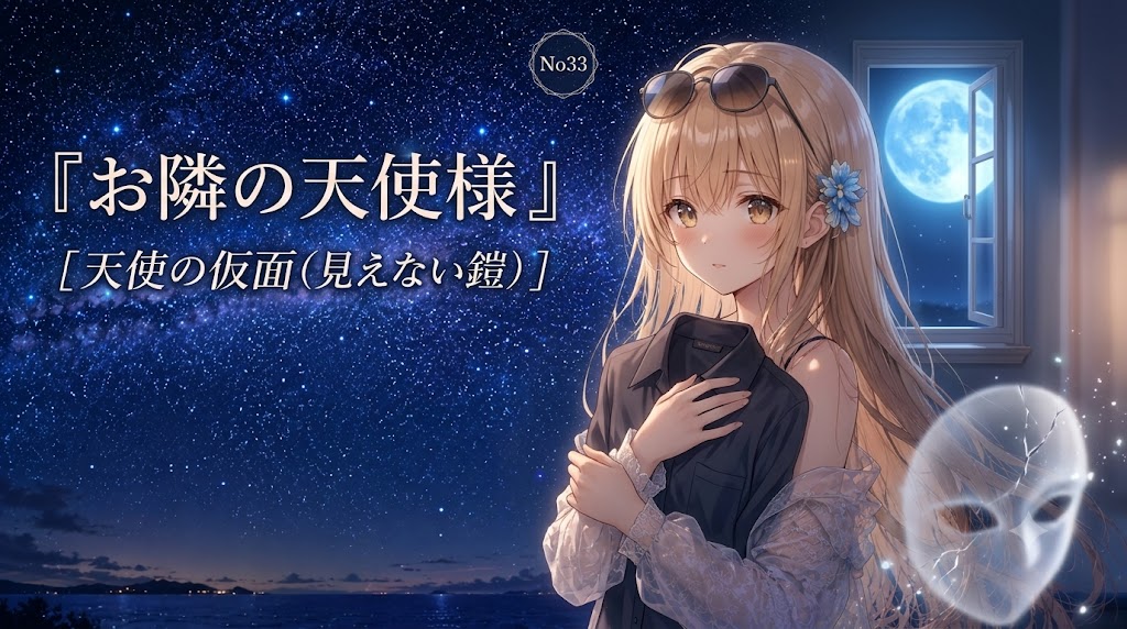 満天の星空と窓越しの満月を背景に、黒いシャツを抱きしめる金髪の少女のイラスト。右下にはひび割れた透明な仮面が浮かんでおり、「お隣の天使様 天使の仮面(見えない鎧)」というテキストが配置されている。